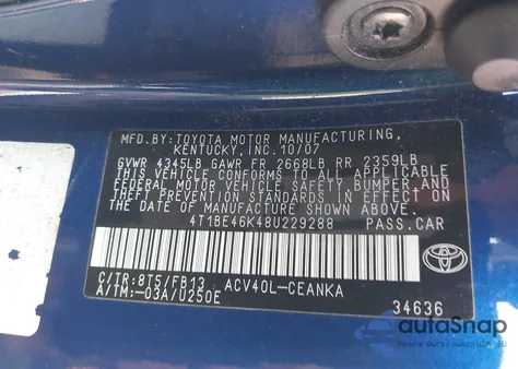 2008 Toyota Camry Le из США, поврежденный, VIN 4T1BE46K48U229288